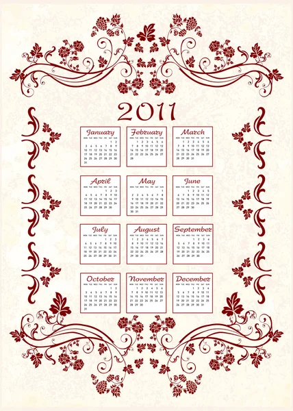 Calendario Vintage 2011 con marco floral — Vector de stock