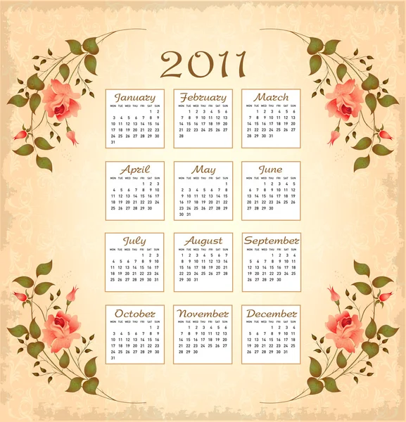2011 年复古日历与花卉帧 — 图库矢量图片