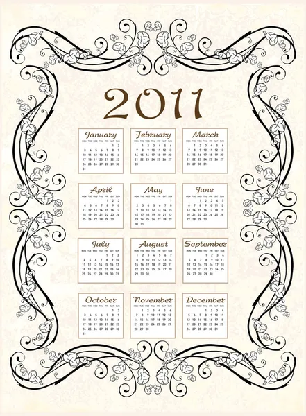 Vintage calendar 2011 with floral frame — Stock Vector