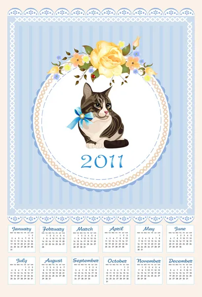 Folk calendar 2011 with cat and roses — Stock Vector