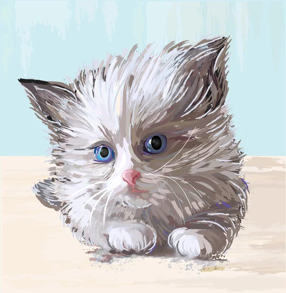手蓝眼睛的蓬松小猫绘制的的肖像 — 图库矢量图片