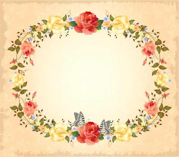 Cartão de saudação com rosas e borboletas — Vetor de Stock