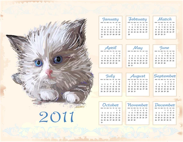 Hand drawn calendar 2011 with fluffy kitten — Stock Vector