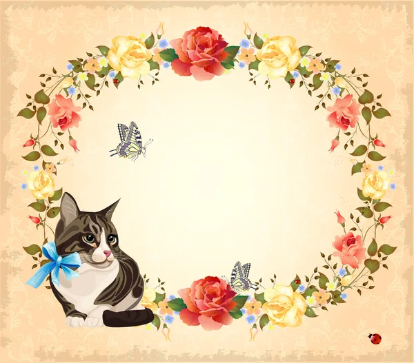 Greeting card with cat, roses and butterflies — Stock Vector