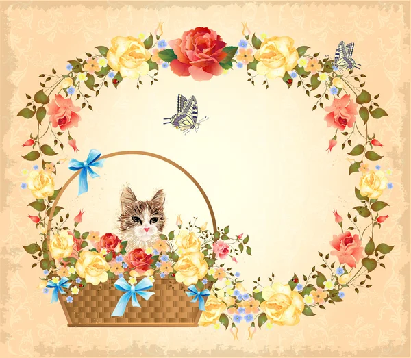 Greeting card with cat, roses and butterfly — Stock Vector
