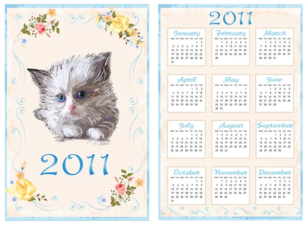 Vintage pocket calendar 2011 with kitten. 70 x105 mm — Stock Vector