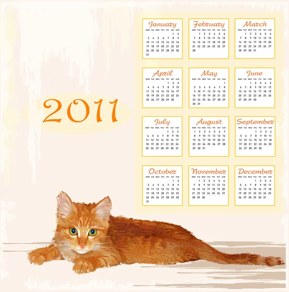Calendario disegnato a mano 2011 con gattino zenzero sdraiato — Vettoriale Stock