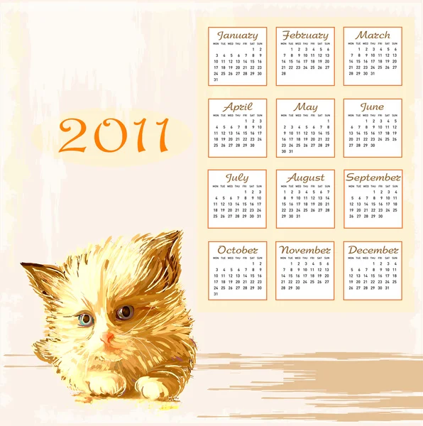 Hand drawn calendar 2011 with lying ginger kitten — Stock Vector