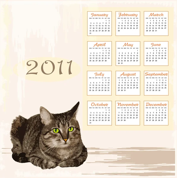 Hand drawn calendar 2011 with lying tabby cat — Stock Vector