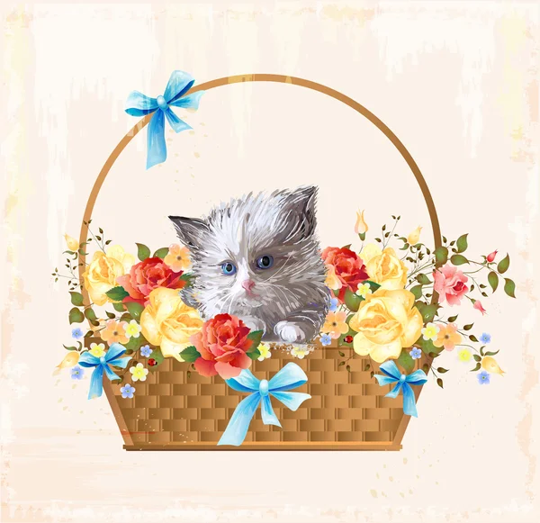Carte de vœux vintage avec chaton moelleux — Image vectorielle