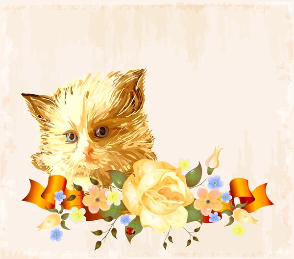 Vintage greeting card with ginger kitten — Stock Vector