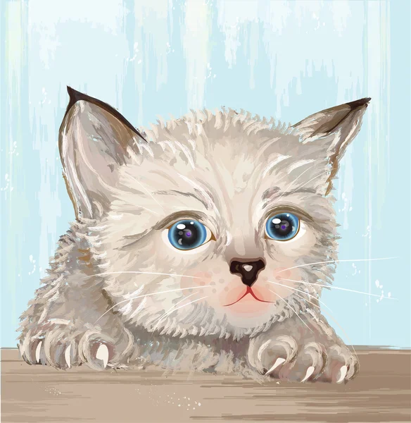 Hand drawn portrait of the fluffy kitten with blue eyes — Stock Vector