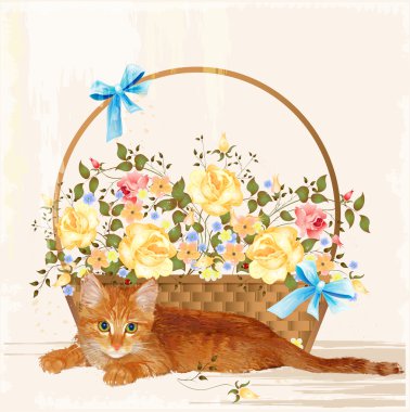 Vintage greeting card with ginger kitten and basket clipart