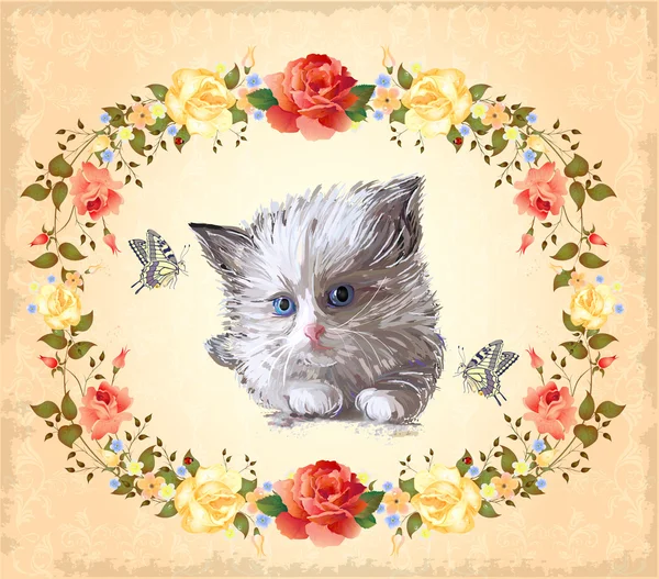 Cartão de saudação com gatinho, rosas e borboletas — Vetor de Stock