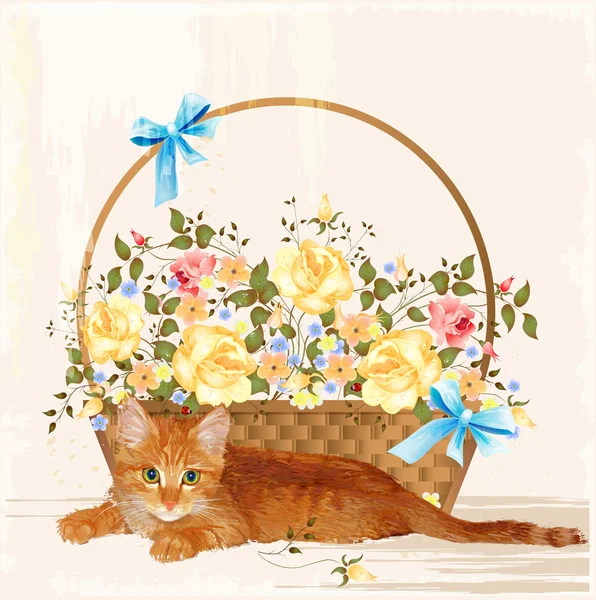 Carte de vœux vintage avec chaton au gingembre et panier — Image vectorielle