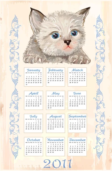 Calendario dibujado a mano 2011 con gatito esponjoso — Vector de stock