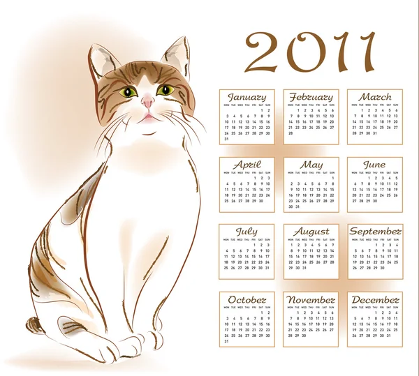Diseño del calendario 2011 con jengibre gato tabby — Vector de stock