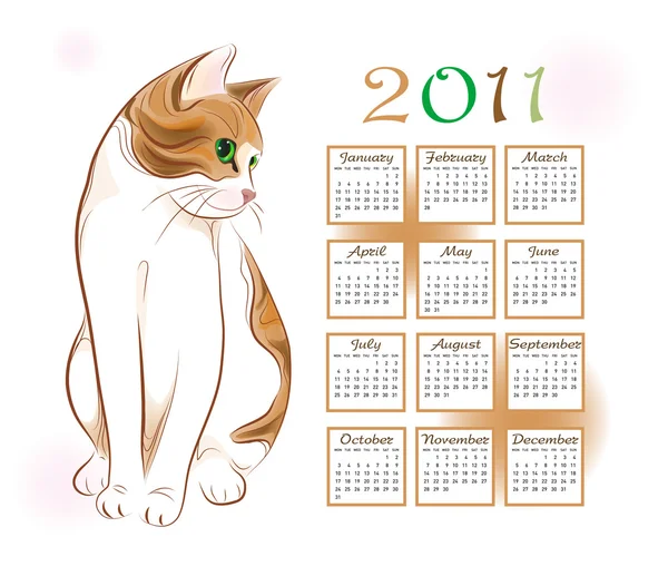 Calendar design 2011 with ginger tabby cat — Stock Vector