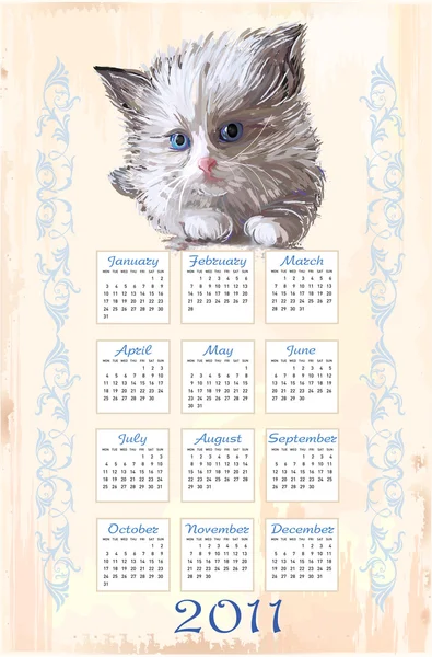 Hand drawn calendar 2011 with fluffy kitten — Stock Vector