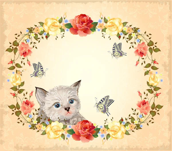Cartão de saudação com gatinho, rosas e borboletas —  Vetores de Stock