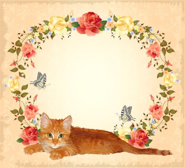 Vintage greeting card with ginger cat and roses clipart