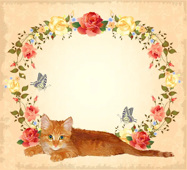 Vintage greeting card with ginger cat and roses — Stock Vector