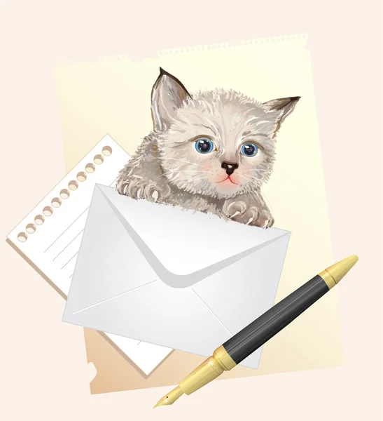 エンベロープとふわふわの子猫。切手の図 — ストックベクタ