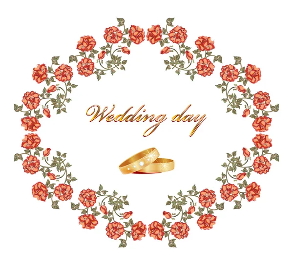 Cartão de casamento com rosas vermelhas e anéis — Vetor de Stock