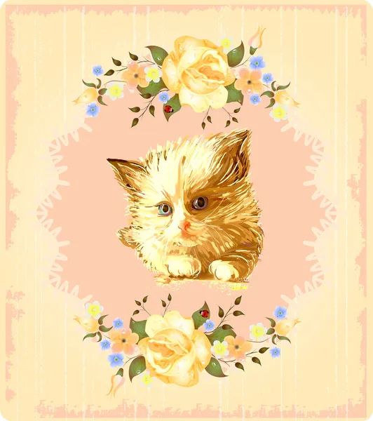 Vintage greeting card with kitten and roses — Stock Vector