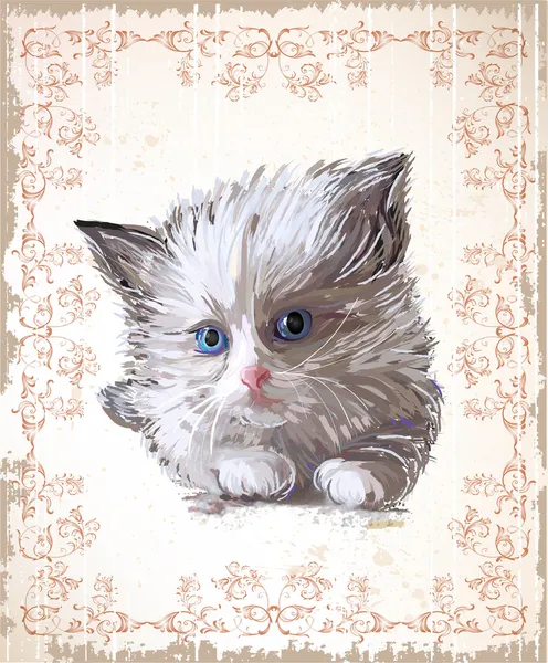 Rocznika kartkę z życzeniami z puszysty kotek — Wektor stockowy