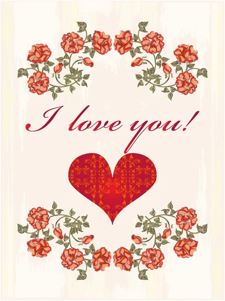 Sevgililer günü tebrik kartı ile kalp ve kırmızı güller — Stok Vektör