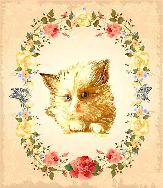 Vintage greeting card with fluffy kitten — Stock Vector