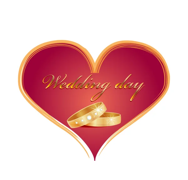 Bruiloft kaart met ringen en rood hart — Stockvector