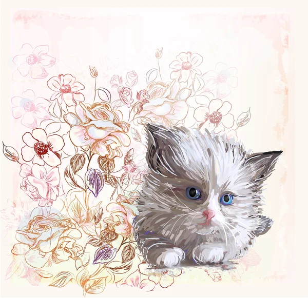 Tarjeta de felicitación con gatito esponjoso y rosas — Vector de stock