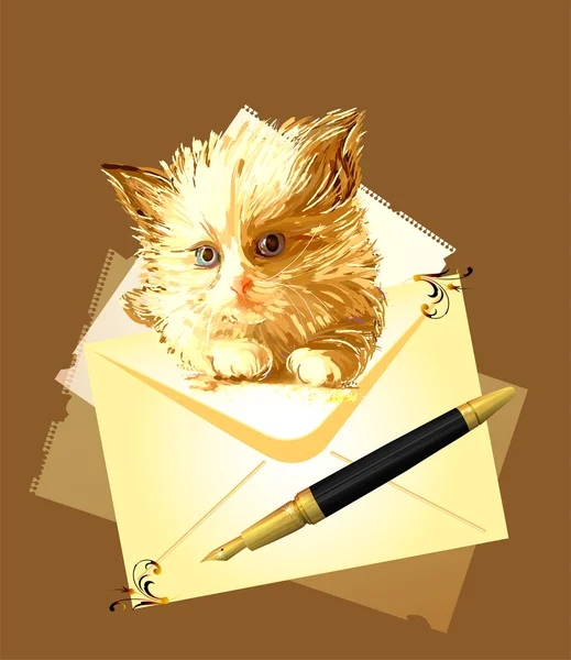 エンベロープと生姜の子猫。切手の図 — ストックベクタ