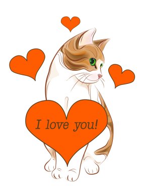 Valentines day greeting card with tabby cat and heart clipart