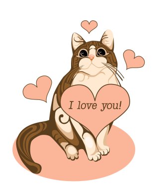 Valentines day greeting card with tabby cat and heart clipart