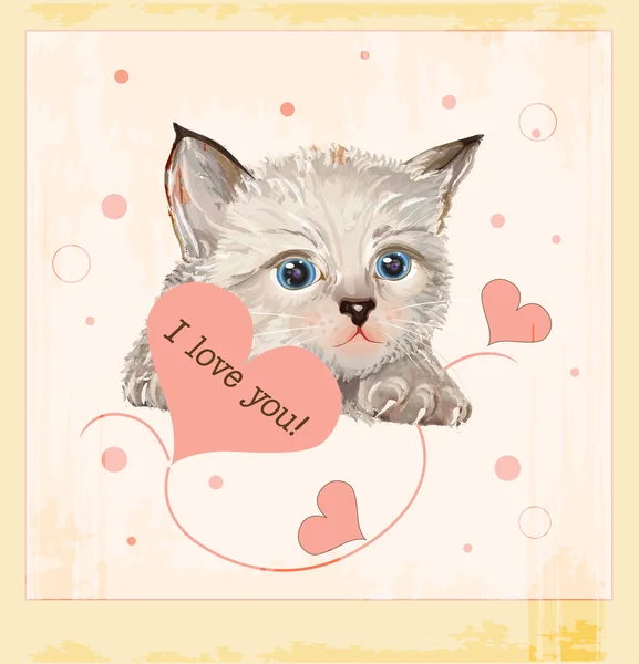 Valentines Day Greeting Card Kitten Hearts — Stock Vector