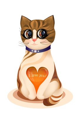 Valentines day greeting card with kitten and glossy heart clipart