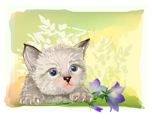 手与野风信子的蓬松小猫的绘制的肖像 — 图库矢量图片