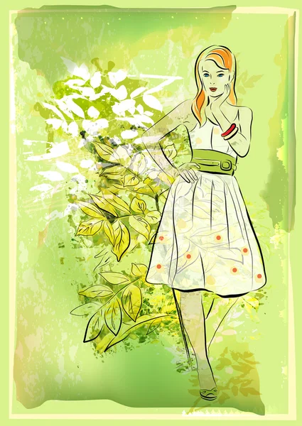 带着年轻女孩抽象绿色自然背景 — 图库矢量图片
