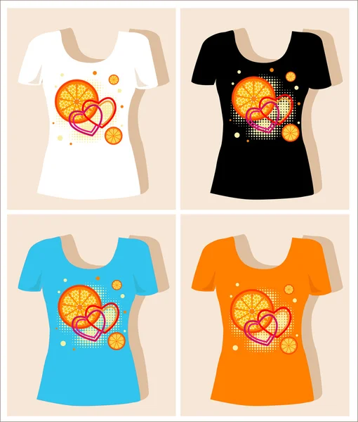 Дизайн футболки с апельсинами и сердцами — стоковый вектор