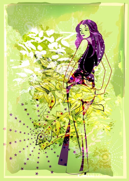 Абстрактный зеленый естественный фон с молодой девушкой — стоковый вектор