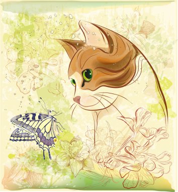 Cat playing with butterfly clipart