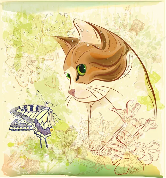 Katze spielt mit Schmetterling — Stockvektor