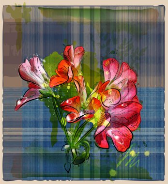 Hand painted red geranium flowers on the checked background clipart