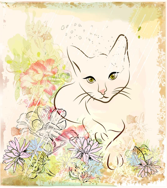 Abstrakter Hintergrund Mit Katze Und Blumen — Stockvektor
