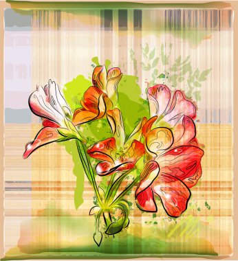 Hand painted red geranium flowers on the checked background clipart