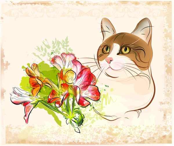 Retrato Vintage Gato Com Flores — Vetor de Stock