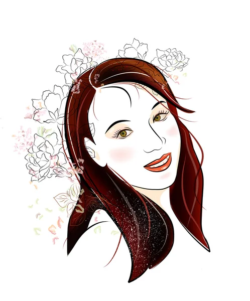 Portret brunette meisje met bloemen — Stockvector